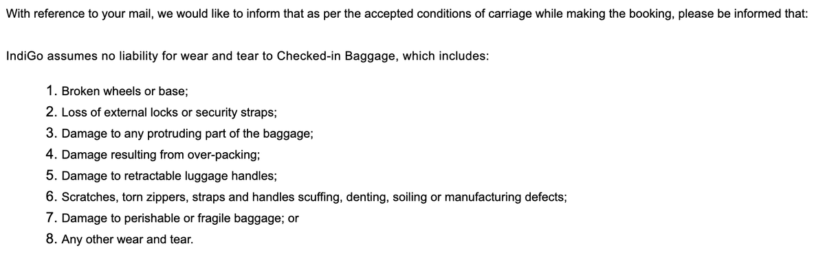 apparelscience's tweet photo. @DGCAIndia @airsewa_MoCA Did you know @IndiGo6E can mishandle and break anything they want with no consequences. Take a look at their policy document attached. It's like a masterclass in saving their own skin!  Let's demand better treatment for our luggage! https://t.co/QBSeYsGgqk