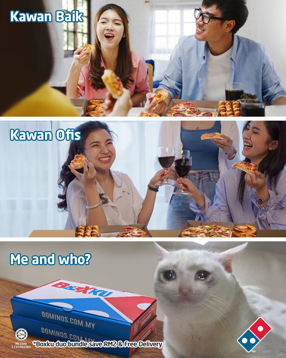 Jangan sedih-sedih ok, jom min teman korang makan. 😉 Lagi best sebab jimat banyak, siap ada Free Delivery lagi. Jom order sekarang! Nak tau lokasi min boleh PM 🤭🍕 bit.ly/MeAndDominos