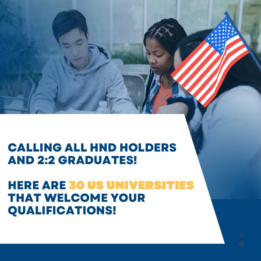 Calling all HND holders and 2:2 graduates! 🌟 Here are 30 US universities that welcome your qualifications! 
Check the link for the list! 👉 rb.gy/49mzn
 #EducationOpportunities #USUniversities #DreamBig #studyabroad #USA #studyintheusa #youthempowerment #youth