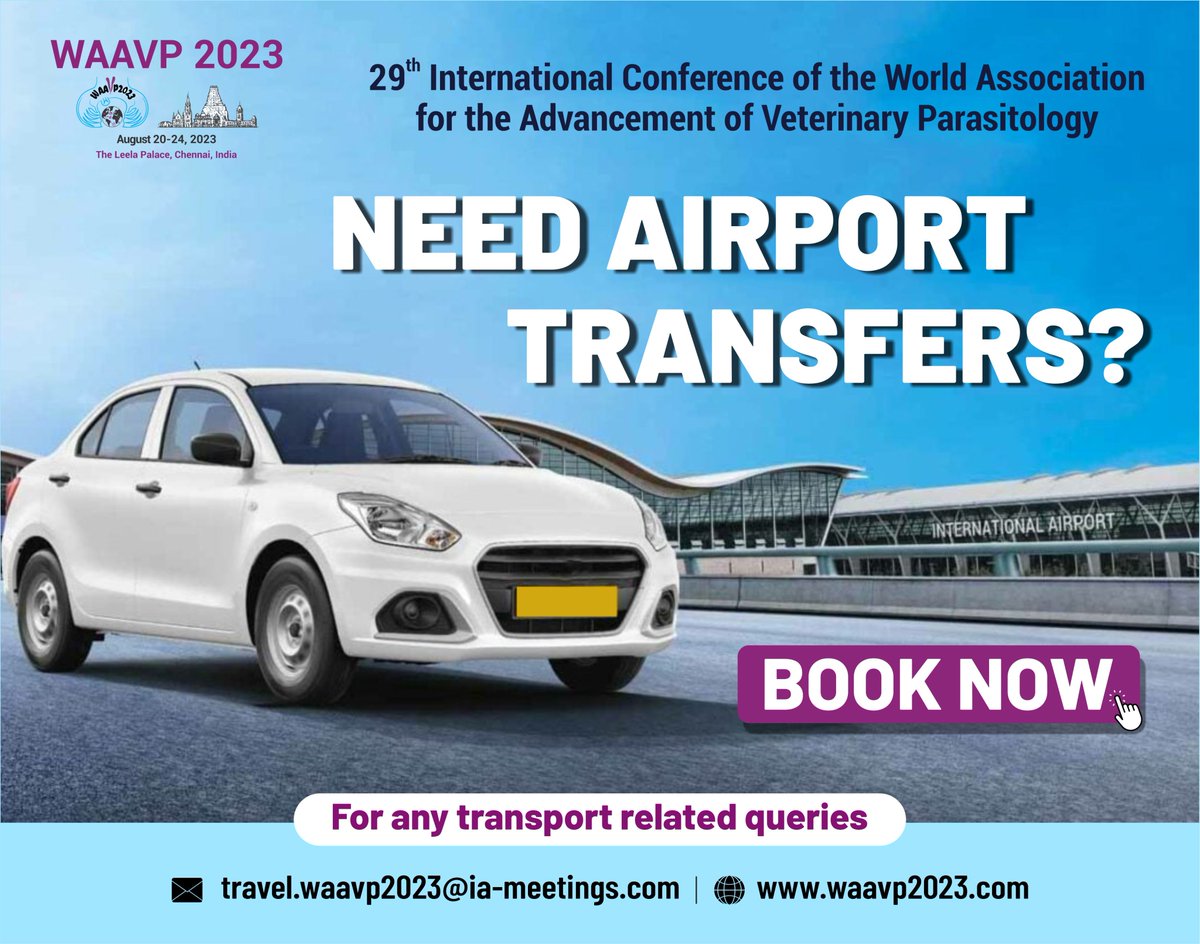 📢 Need an Airport Transfer? Travel in comfort and style with our reliable service. Book now for a hassle-free journey to the world's premier veterinary parasitology event! ✈️🚖 #WAAVP2023 #ConferenceTransportation #AirportTransfers #VeterinaryParasitology