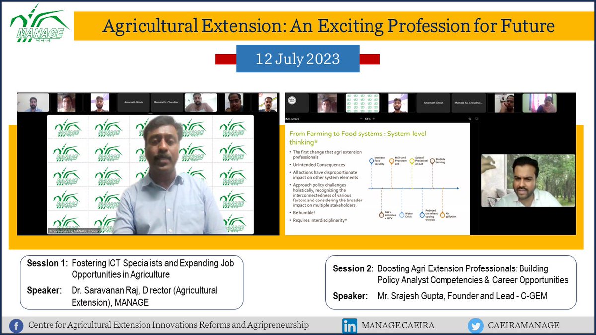 CaeiraManage's tweet photo. @ManageHyd program on #agricultural  #Extension: An #Exciting #Profession for the #future concluded and witnessed sessions dealing with developing competencies and skills in the field of agri extension.
@SaravananRajG  @CiaManage @MANAGEPrograms https://t.co/XD9SdeBxSV