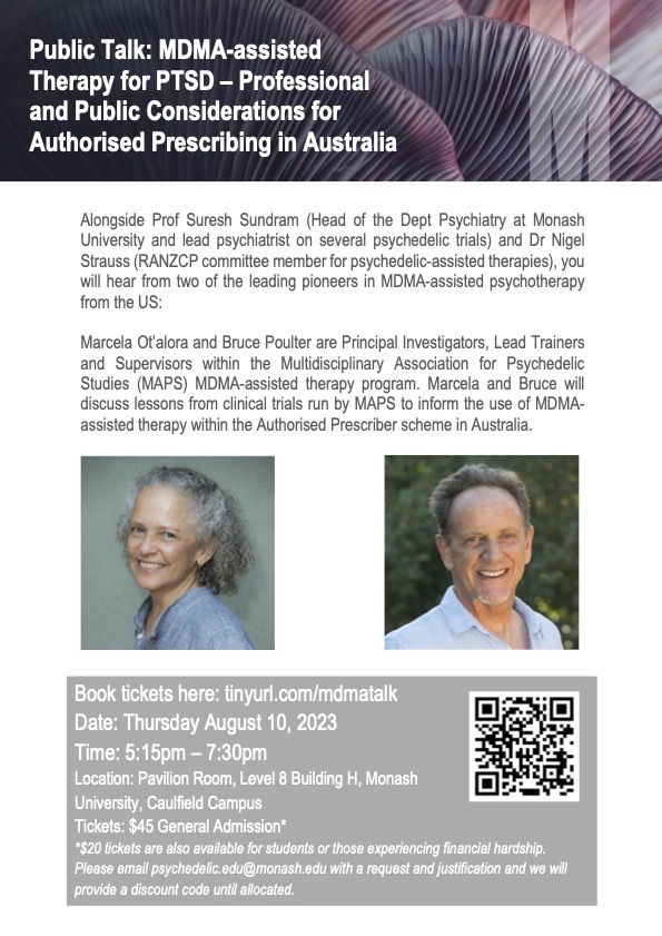 Public <a href="/MonashUni/">Monash University</a> talk coming up in Melbourne with Marcela Ot’alora and Bruce Poulter, lead trainers and supervisors from <a href="/MAPS/">MAPS</a>, speaking IN PERSON on 'MDMA-assisted Therapy for PTSD and Authorised Prescribing in Australia'. More info + tickets here: tinyurl.com/mdmatalk