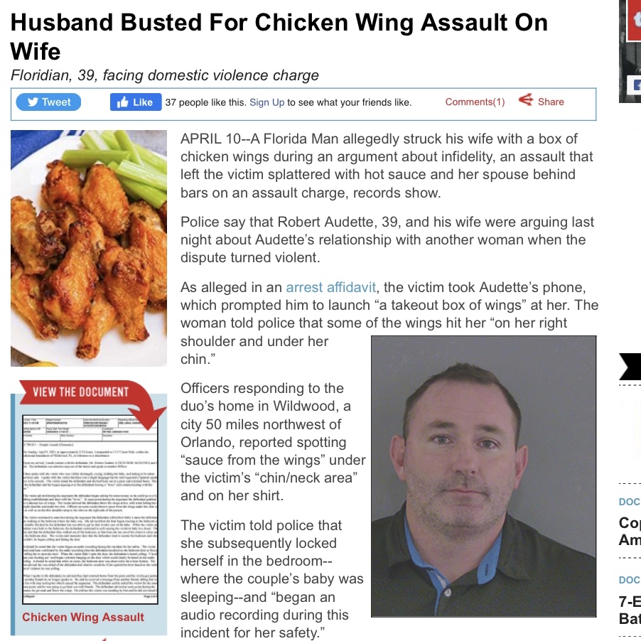 newswithbill's tweet photo. Man Busted for Chicken Wing Assault on his Wife..    

Is it in any way shocking that this is a #florida story?   And how could anyone in their right mind waste #chickenwings ???

#news #weird #odd #strange #bizarre #unusual #newswithbill #crime #assault https://t.co/KNGvRV9OvS