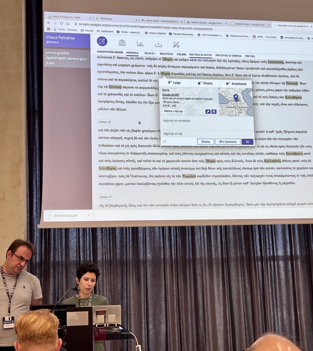 ⁦@geophilologist⁩ demonstrating #Recogito as one piece of a novel machine learning pipeline for NER of ancient Greek texts. #DH2023 #LinedPipes?