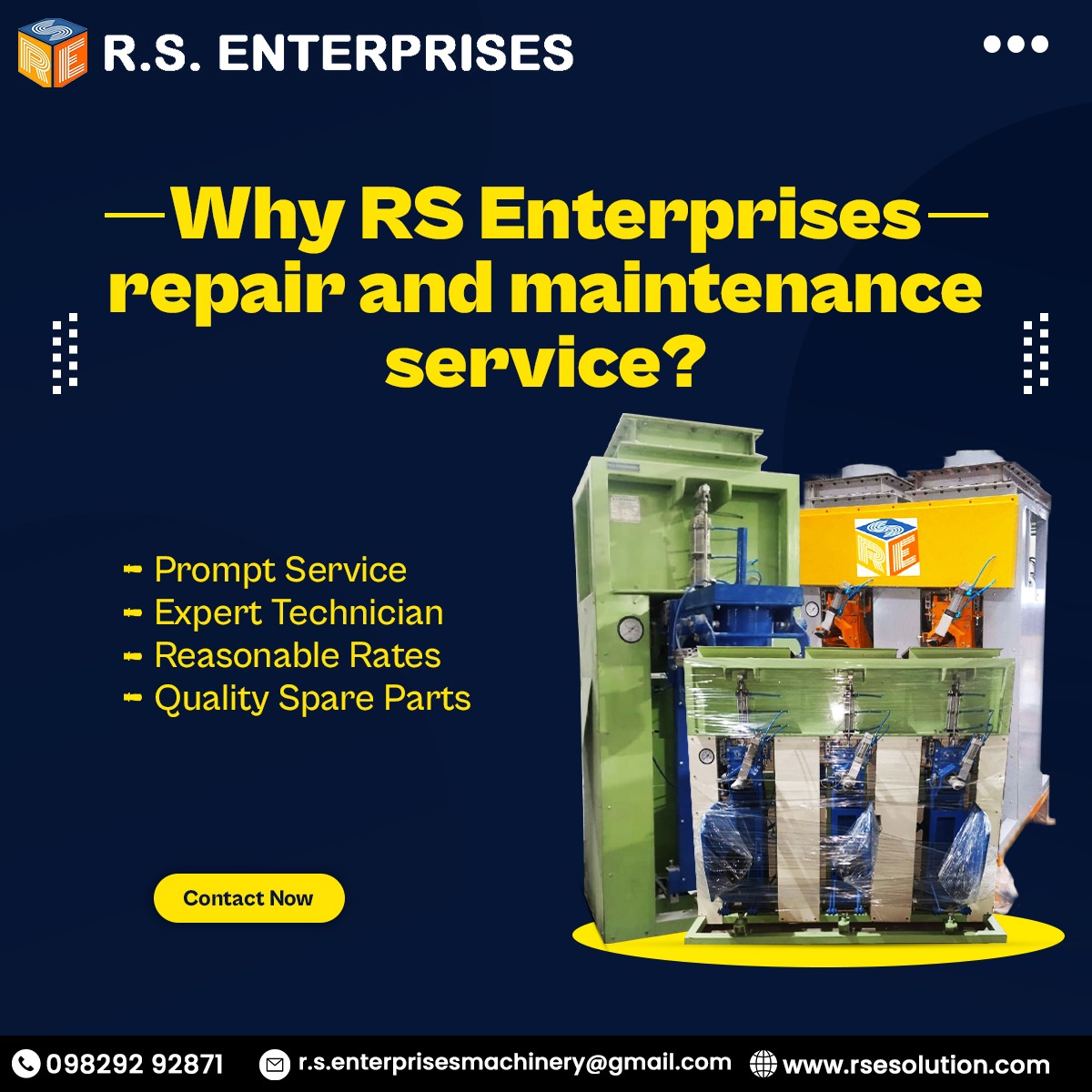 RS_enterprises_'s tweet image. Why RS Enterprises— repair and maintenance service⁉️

✅ Prompt Service
✅Expert Technician
✅Reasonable Rates
✅Quality Spare Parts

To know more contact us today👇
📞 Call us- 098292 92871
📫 Mail us- r.s.enterprisesmachinery@gmail.com

#PackagingProcess
#AdvancedTechnology
