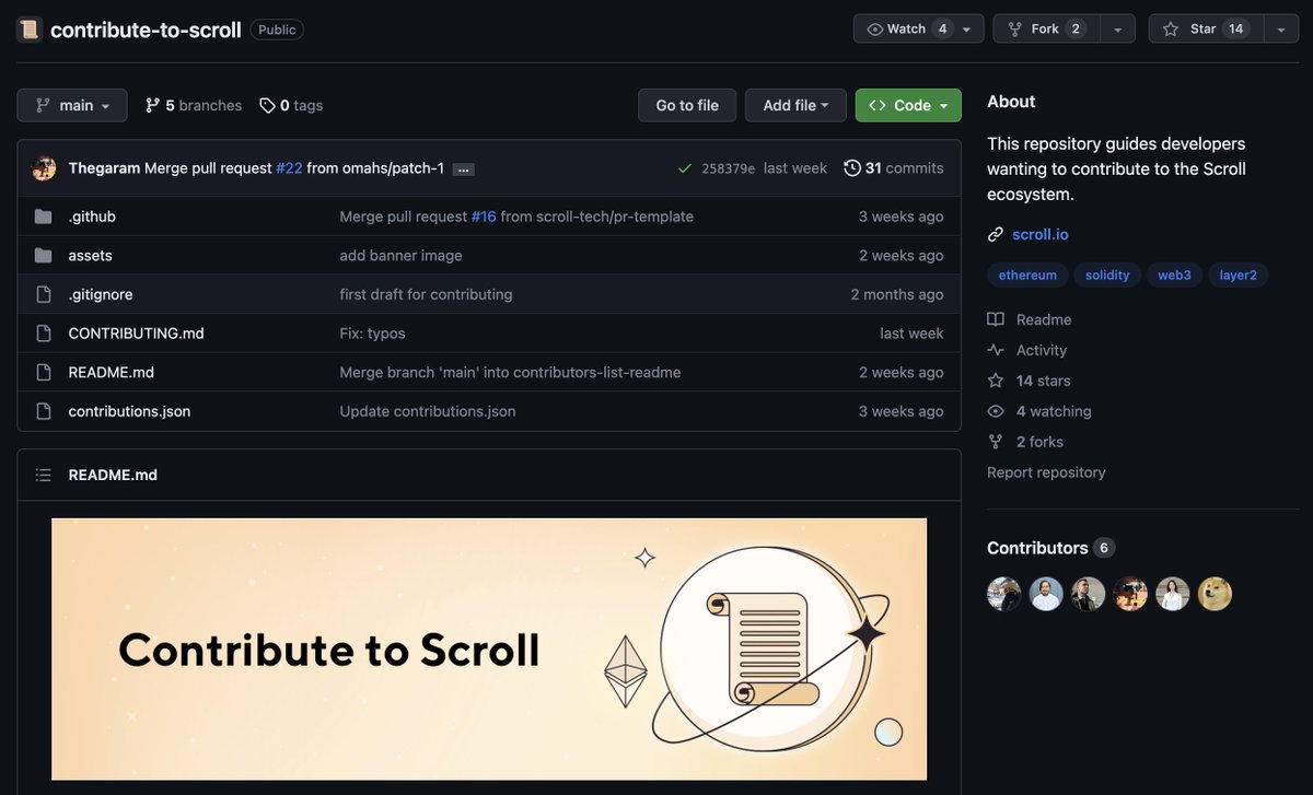 Scroll_AllDay's tweet image. Contribute to Scroll

The community can now contribute to @Scroll_ZKP via #GitHub (scroll-tech / contribute-to-scroll)🛠️

To build an even stronger @Scroll_ZKP community and ecosystem, share your ideas with #Scroll🔥🔥
#BuildOnScroll

Detail: scroll.io/blog/contribut…