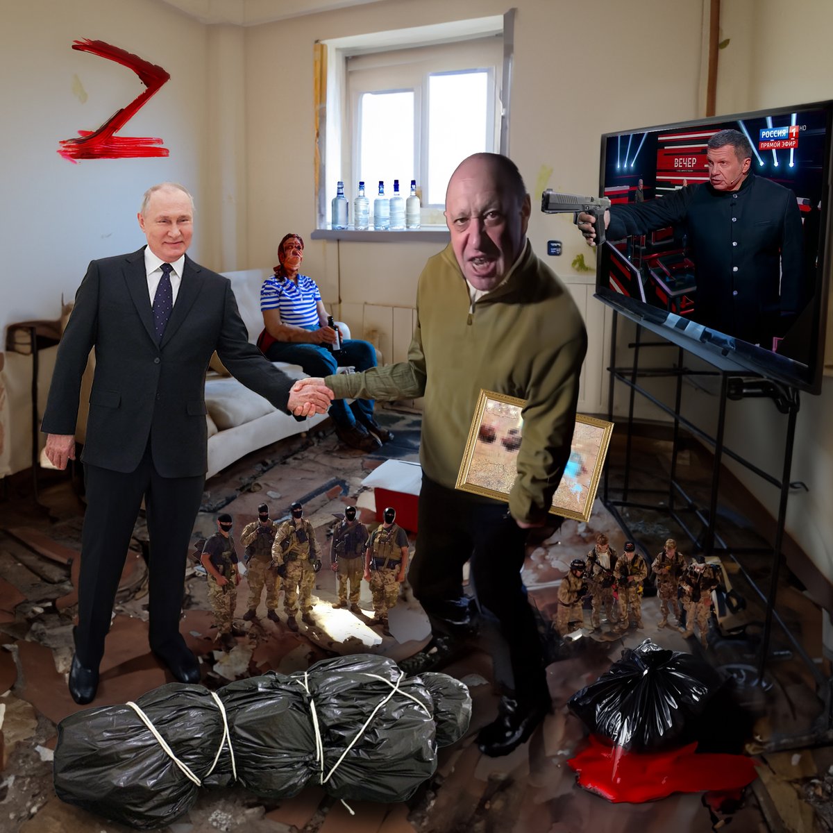 Deliriumtech's tweet photo. Пока обыватель упоенно наблюдал, как телик мочит #Пригожин'а, #путин в тайную встречался с ним и его бандой головорезов в Кремле. Что обсуждали конечно не известно, но в данном случае это и не важно.

Во всей этой истории показательно то, как после неудачного мятежа поменялась риторика пропаганды и Пригожин из "героя России" резко стал "врагом народа" и военным преступником в доме которого сразу же (где ж вы раньше были?) нашли миллиарды рублей, кучу оружия и фото с отрезанными головами.

Произошло даже невероятное чудо - на Российском телевиденье впервые в истории говорили правду...

То что оппозиция рассказывала годами, а государственная "пресса" упорно называла фейками теперь было озвучено в прямом эфире и стало официальной правдой.

Само по себе это явление не новое - уничтожать оппонентов это русская народная традиция. Сталин вал��л Троцкого (и миллионы случайных людей), Хрущев валил Сталина, Брежнев валил Хрущева (этому удалось отделаться ссылкой на дачу и даже умереть своей смертью, но все же), путин убил Немцова, посадил Навального, Яшина, Кара-Мурзу и других невиновных людей говорящих правду...

Конкретные преступления путина будут также озвучены на ТВ, как только путин потеряет власть. И то, что #Навальный и оппозиционная пресса показывали в своих роликах будет показано в прайм-тайм. Так что совет к Z-патриотам, не читайте оппозицию если не хотите спойлеров...