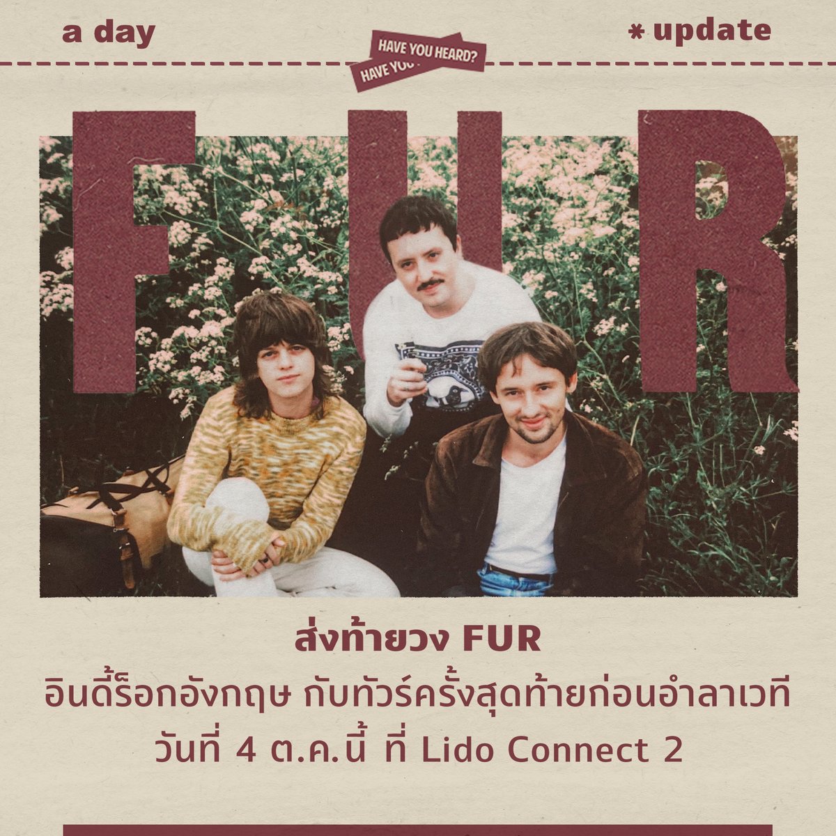 adaymagazine's tweet photo. ส่งท้ายวง FUR อินดี้ร็อกอังกฤษ กับทัวร์ครั้งสุดท้ายก่อนอำลาเวที วันที่ 4 ต.ค นี้ ที่ Lido Connect 2 ซื้อบัตรได้ที่ https://t.co/j58wUliFuM บัตร Early Bird 1,500 บาท (จำกัด 2 ใบ/ท่าน) บัตร Regular 1,700 บาท (จำกัด 4 ใบ/ท่าน)
ติดตามข้อมูลเพิ่มเติม @HYH_Live
#aday #HYHBKK #FURBKK https://t.co/4vtsJVjV3H