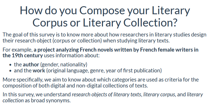 Dear #DH2023, what #metadata do you need when working with #literature? @CLSinfra, @spp_cls and @Textplus_NFDI are running a survey (it only takes 10 minutes)! Please, help us improve resources (catalogues, repositories, databases)! survey.academiccloud.de/index.php/9168…