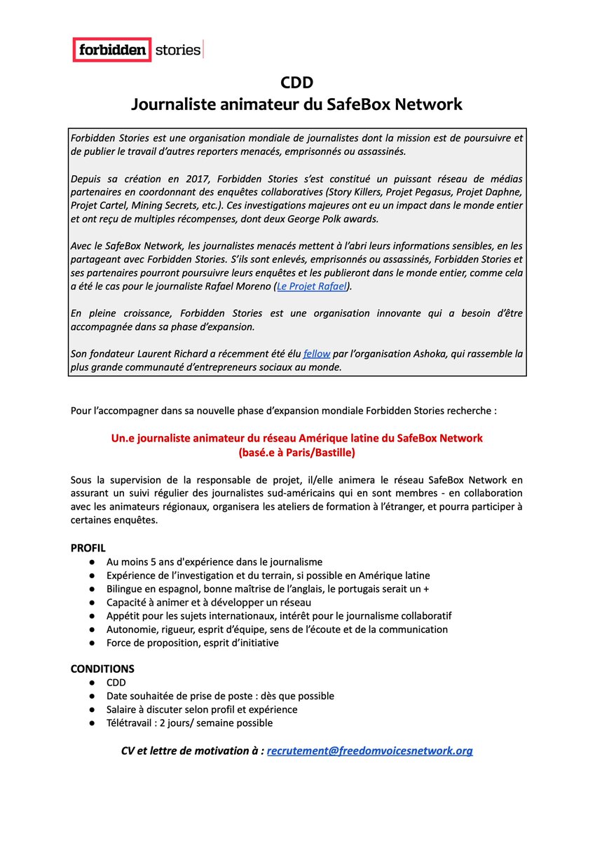 🔴 Job alert ! L'équipe de Forbidden Stories s'agrandit. Nous recherchons un journaliste animateur du réseau SafeBox Network pour la région Amérique latine ! 

✅ Vous parlez parfaitement espagnol ? 
✅ Vous avez une forte expérience journalistique en Amérique latine ? 
✅ Vous