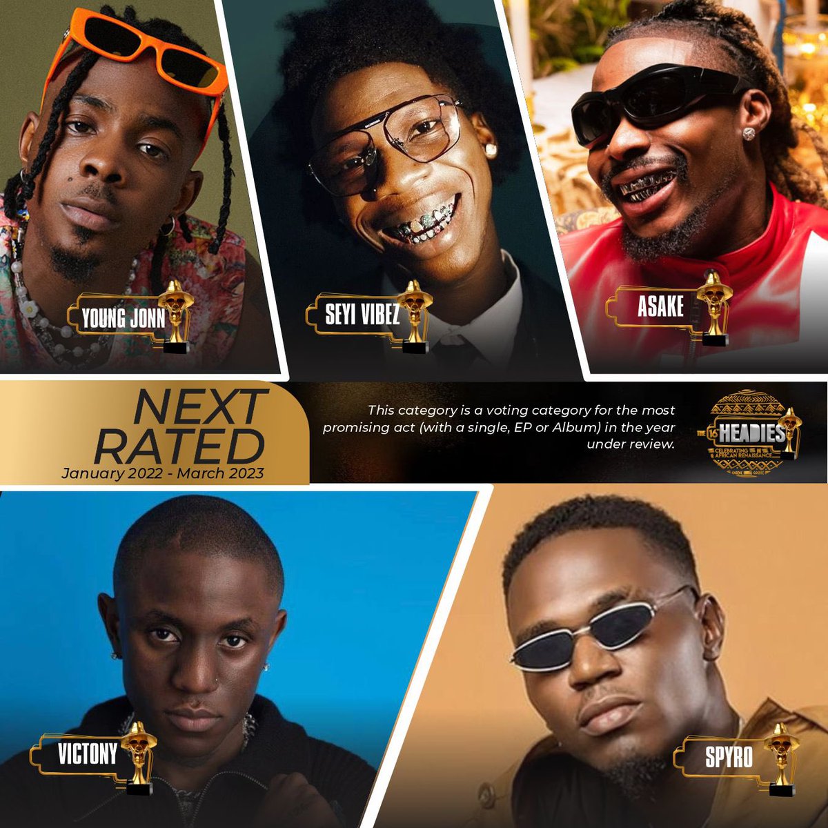 The_Headies's tweet photo. NEXT RATED

This category is a voting category for the most promising act (with a single, EP or Album) in the year under review.

YOUNG JONN
SEYI VIBEZ
ASAKE
VICTONY
SPYRO https://t.co/LsVgWJvpJv