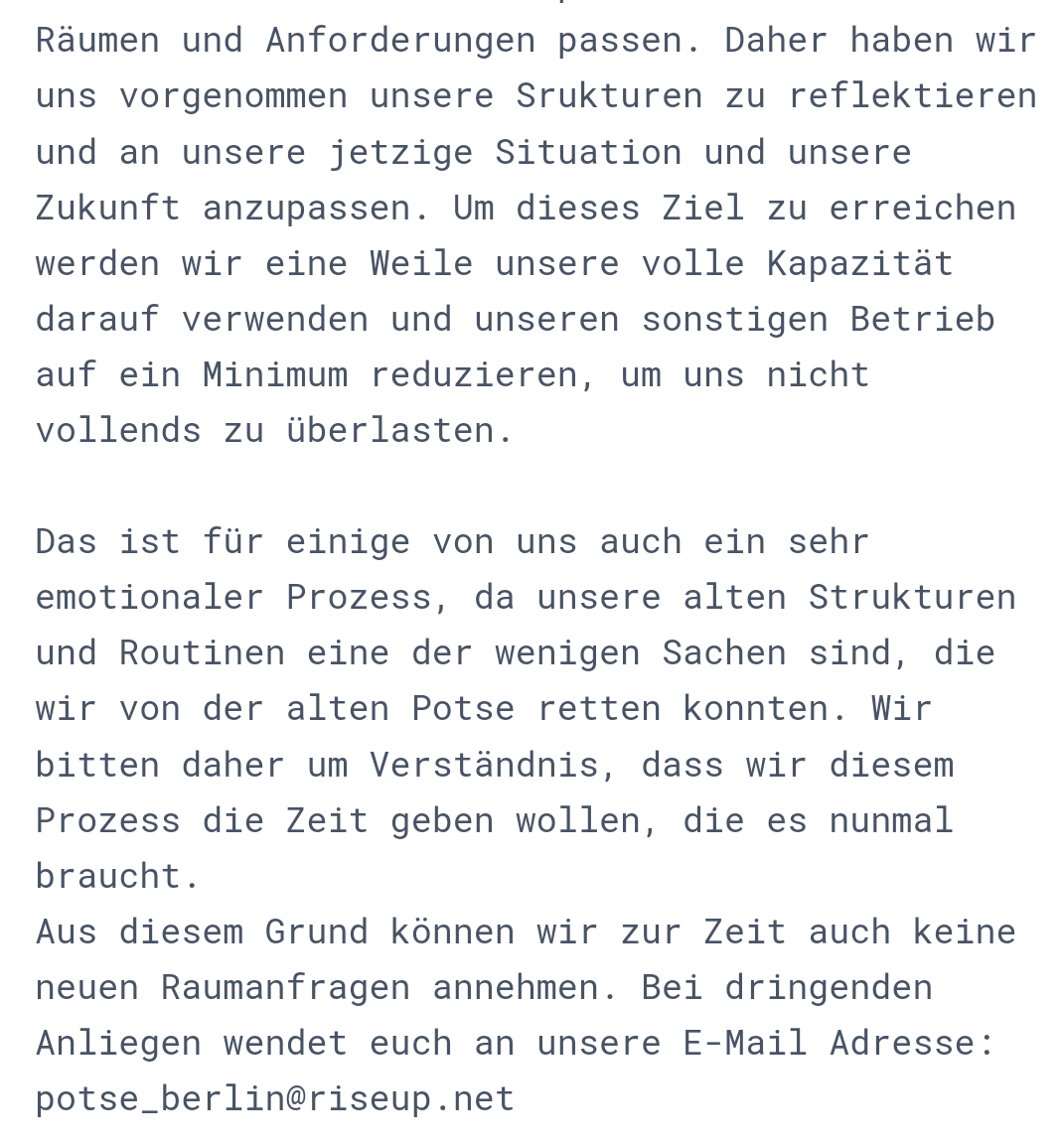 Potse_Berlin's tweet photo. Aktuelles Statement und Update vom #Potse Kollektiv zur laufenden Umstrukturierung und Reflektion.
Die Texte sind jeweils auch im Alt Text drin.
#potsebleibt #b1207 #servicetweet https://t.co/1sKc6ScHSy