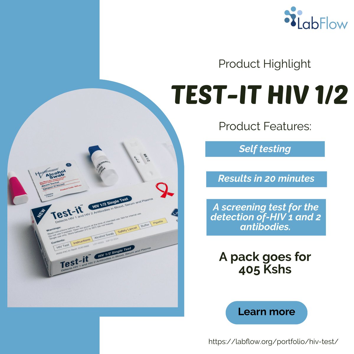 labflow_ltd's tweet photo. Test-it HIV 1/2, our featured product of the week!

Discover the power of quick results with this self-testing kit. Get your test done in just 20 minutes! For only 405 Kshs/=  Join the fight against HIV/AIDS with LabFlow Kenya. #HIVTest #FastResults #HealthMatters https://t.co/JHP6jzmPgI