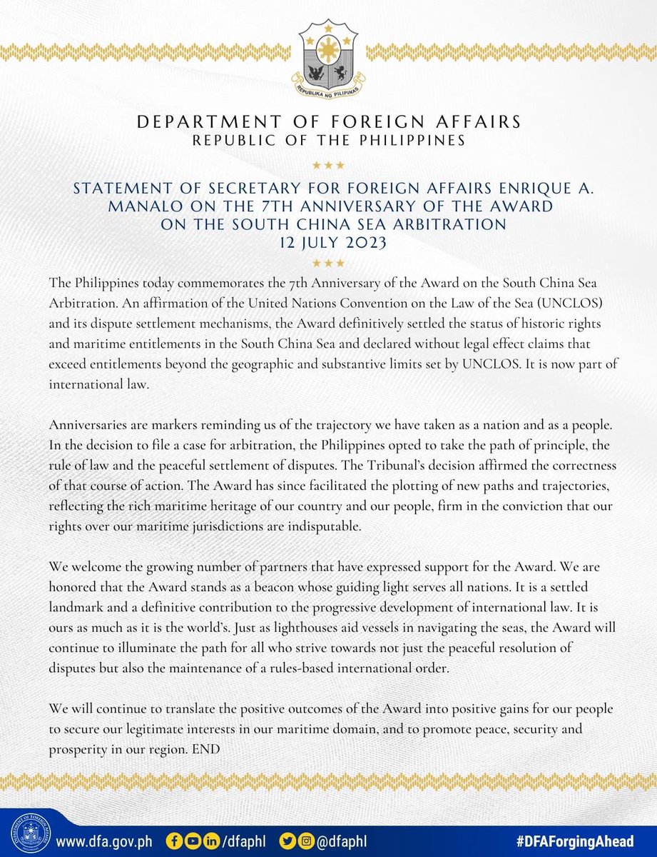 ‼️READ‼️#DFAStatement: Statement of Secretary for Foreign Affairs Enrique A. Manalo on the 7th Anniversary of the Award on the South China Sea Arbitration

#DFAForgingAhead