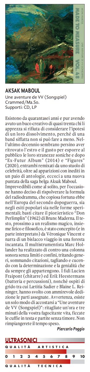 AKSAK MABOUL: Une aventure de VV (Songspiel) CD/LP
Su Audioreview [grazie a Piercarlo Poggio!]
@CrammedDiscs  distribuzione @MaterialiSonori