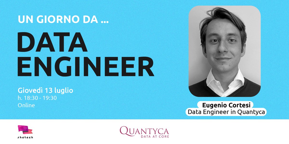 Big news 📣
Questa sera dalle 18:30 alle 19:30 il nostro Eugenio racconterà alla community di <a href="/SheTechItaly/">SheTech</a> la sua esperienza ed il lavoro svolto in Quantyca!
Sintonizzatevi sui social di <a href="/SheTechItaly/">SheTech</a> e registratevi a questo link ➡️ eventbrite.it/e/registrazion…
#DataEngineering