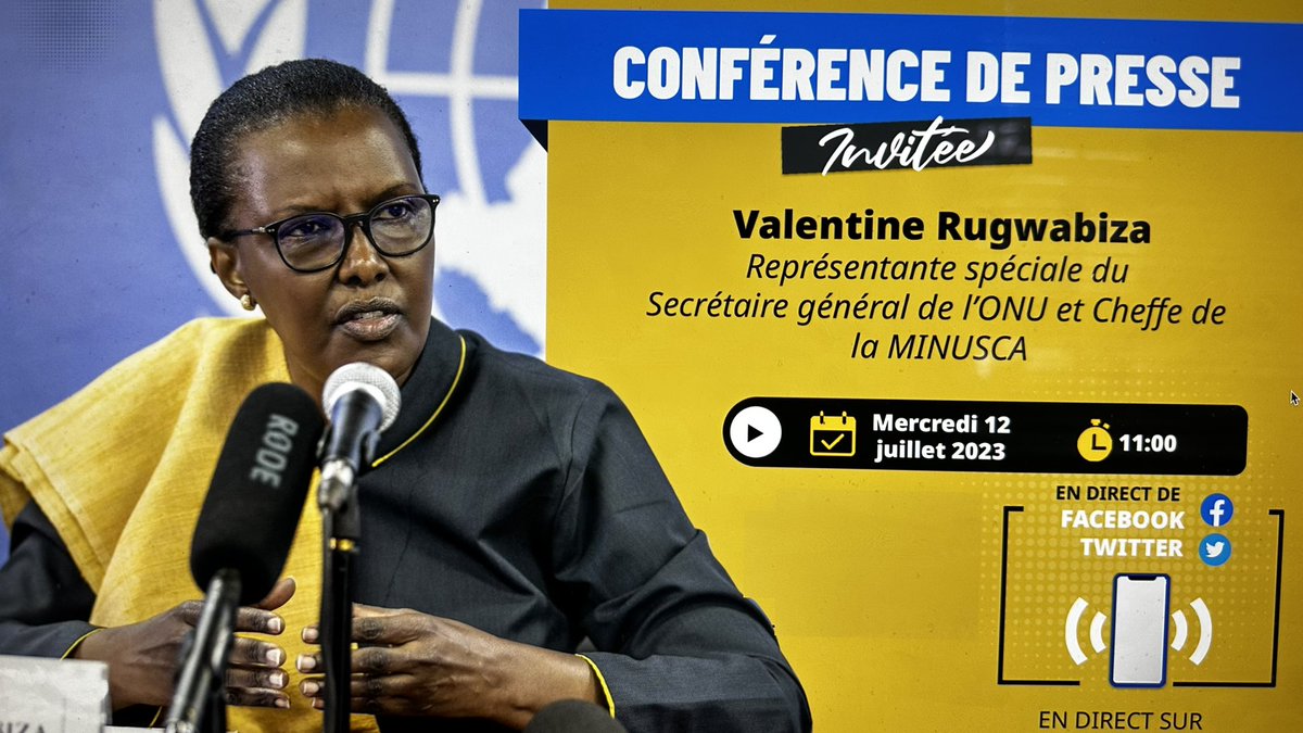 #ConfPress <a href="/VRugwabiza/">Valentine Rugwabiza</a> face à la presse ce 12/07 pour répondre aux questions des journalistes sur les actions multiformes de la #MINUSCA🇺🇳 en #RCA🇨🇫, au profit des populations et en appui aux efforts des autorités centrafricaines. A suivre sur <a href="/RadioGuira/">Radio Guira</a> 93.3 FM