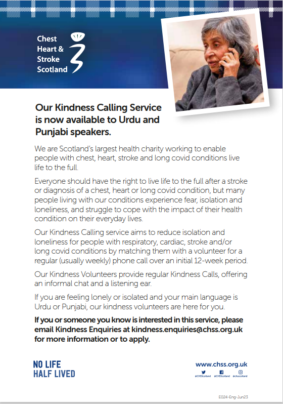 Chris_CHSS's tweet photo. We're currently running a pilot of our @CHSScotland  Kindness Calls for Urdu &amp; Punjabi speakerswith our conditions. If you know anyone or a service who would benefit from this, please contact: kindness.enquiries@chss.org.uk https://t.co/BpZidB7OaL
