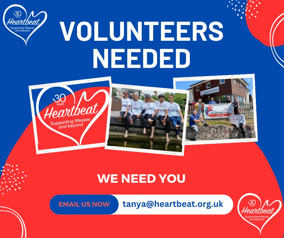 WE NEED YOU! 

Become a volunteer for Heartbeat and help us to improve cardiac care in the Wessex region and beyond. 

If you are interested, call us on 02380 706095 or email our Community Fundraising Manager Tanya here: Tanya@heartbeat.org.uk

#Makeadifference