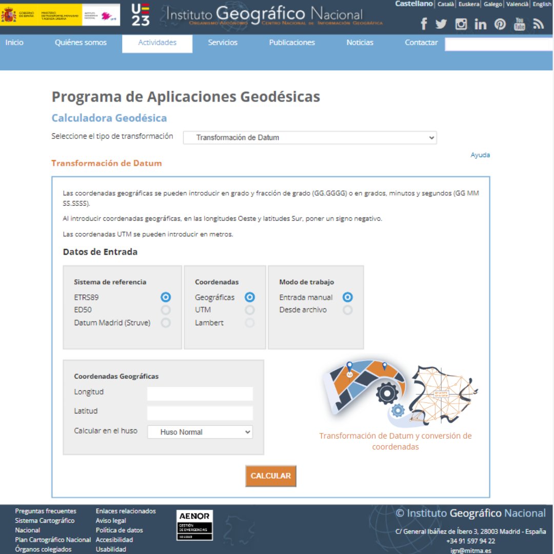 IGNSpain's tweet photo. 🧐¿#SabiasQue tenemos una #CalculadoraGeodesica?
✅Usos: transformación de #datums, proyección #UTM, ondulación del #geoide, paso de #coordenadas geográficas a cartesianas, problemas directo e inverso de #geodesia.
¡Conócela!👉https://t.co/OXKa07WpXh
#IGNSpain #CNIG @mitmagob https://t.co/VHaNOUxcJS