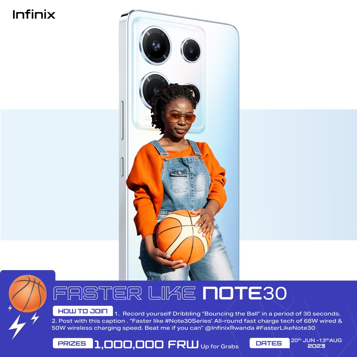 infinixrwanda's tweet image. Utegereje iki ngo utwereke icyo ushoboye? Umupira uri mukibuga twereke umuvuduko n’inshuro wagira udunda umupira mu masegonda 30. ugannye Canal Olympia uhasanga umupira n'impano kuwitabira challenge. Bikore none.⛹️‍♂️
#FasterLikeNote30
