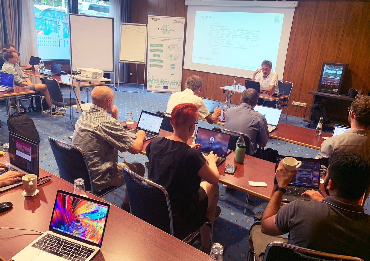digitbrain_EU's tweet photo. The 1st physical post-corona meet-up of partners fom @Fraunhofer_IGD @DFKI, @SZTAKI_LPDS, @UniWestminster, @clesgo, #TTS, @EGI_eInfra @Stam_Tech, ConsensesGmbH & @cloudSME_de today, discussed the benefits benefits DIGITbrain's #modularapproach offers to #digitaltwindevelopment https://t.co/rOanvuHcSK