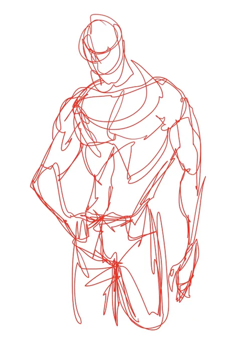 Watching people argue about how to build up the base for a figure and whether to use lines or boxes or crosshairs or whatever is very funny to me because all of my first pass sketches look like this and I usually draw the whole thing in like 20 seconds without lifting my pen