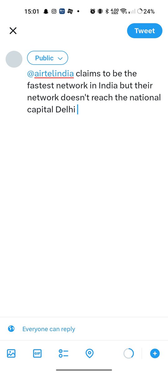 nitish365's tweet photo. @airtelindia claims to be the fastest network in India but their network doesn't reach the national capital Delhi .I have attached a screenshot of the fastest networks signal strength while writing the tweet.I have talked to some people in my area.They are also facing this issue. https://t.co/KkpbvL0PcD