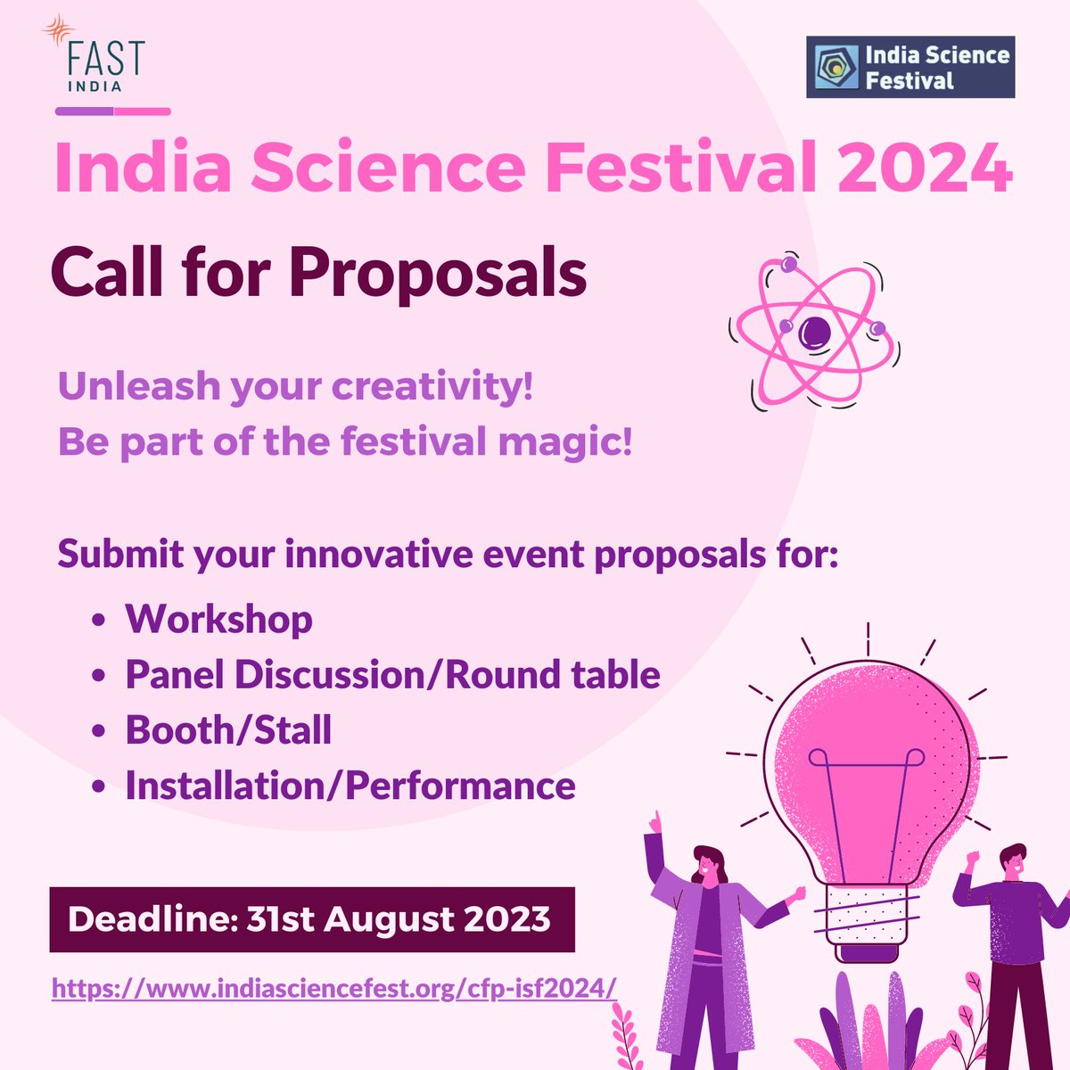📣Calling all science enthusiasts!
Share your creative event ideas for the India Science Festival 2024 #ISF2024, be a part of the festival magic, and make a lasting impact on society! 🌍🔭

Submit your proposals: tinyurl.com/4phmcsj3