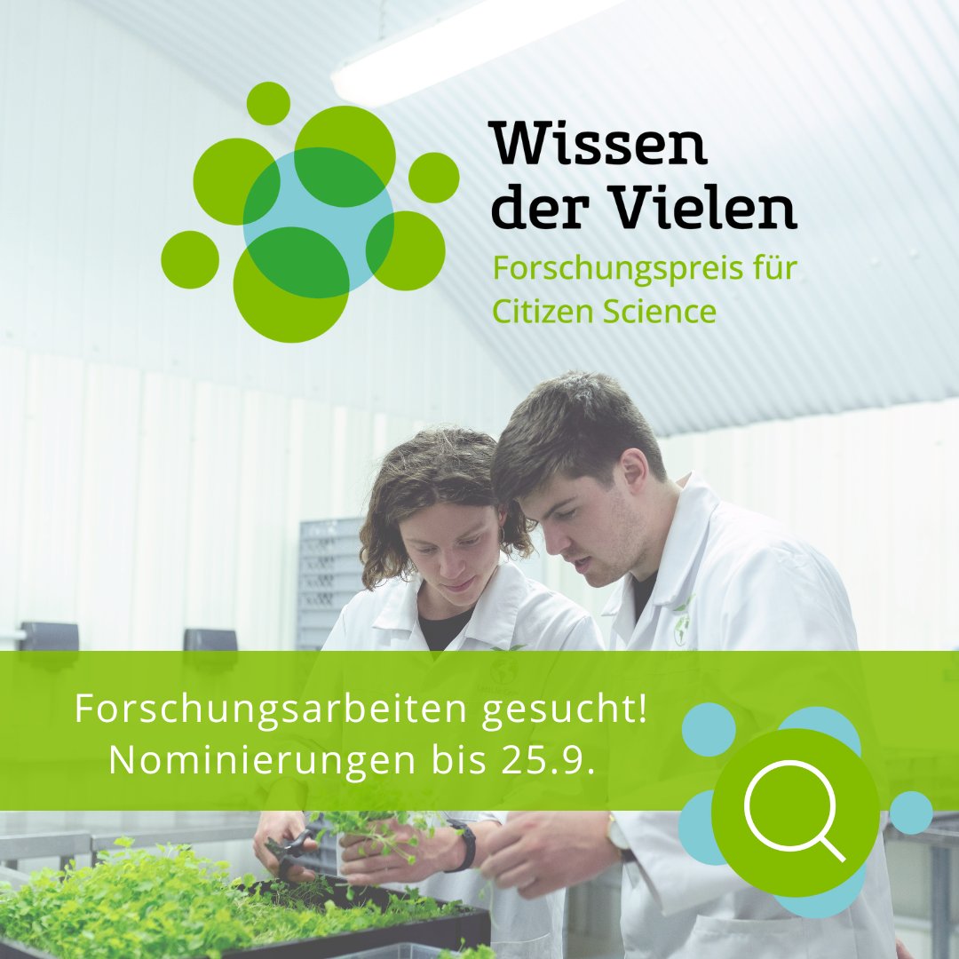 #CitizenScience ermöglicht exzellente Forschung! ✨ Das wollen wir zeigen &amp; loben zum 1. Mal den Wissen der Vielen – #Forschungspreis für Citizen Science aus.🏆 Als partizipativ Forschende könnt ihr euch selbst oder Kolleg*innen bis zum 25.9.23 nominieren. #WissenDerVielen23 1/2