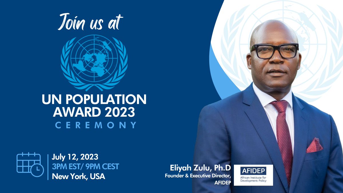 AFIDEP (@afidep) on Twitter photo Tonight, join #AFIDEP at the 2023 #UNPopulationAward ceremony at the <a href="/UN/">United Nations</a> Headquarters, 9 PM CAT/ 10 PM EAT.
Each year, the #UNPopAward Committee honours individuals and institutions to recognise their outstanding contributions.
To follow the event live: bit.ly/3JYvLGv Tonight, join #AFIDEP at the 2023 #UNPopulationAward ceremony at the <a href="/UN/">United Nations</a> Headquarters, 9 PM CAT/ 10 PM EAT.
Each year, the #UNPopAward Committee honours individuals and institutions to recognise their outstanding contributions.
To follow the event live: bit.ly/3JYvLGv