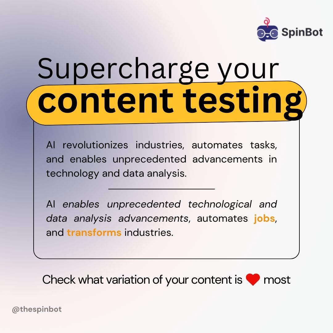 spinbotofficial's tweet photo. Ready to supercharge your content testing game? Let's go! ⚡️
#SpinBotTestingJourney #spinbotcontenttesting #spinbot #explore #aitool #relatablecontent #spinmagic #superchargeyourcontent https://t.co/1WnqECwjM4