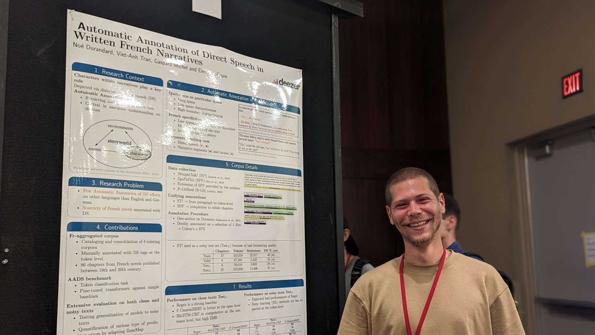 Deezer Research (@researchdeezer) on Twitter photo Gaspard Michel is attending #ACL2023 this week! 🇨🇦
Go check his poster to know more about automatic annotation of direct speech in written French narratives!
Paper: aclanthology.org/2023.acl-long.…
Code: github.com/deezer/aads_fr…
Co-authors: N. Durandard (lead), V.A. Tran, <a href="/evpure/">Elena V. Epure</a> 👏 Gaspard Michel is attending #ACL2023 this week! 🇨🇦
Go check his poster to know more about automatic annotation of direct speech in written French narratives!
Paper: aclanthology.org/2023.acl-long.…
Code: github.com/deezer/aads_fr…
Co-authors: N. Durandard (lead), V.A. Tran, <a href="/evpure/">Elena V. Epure</a> 👏