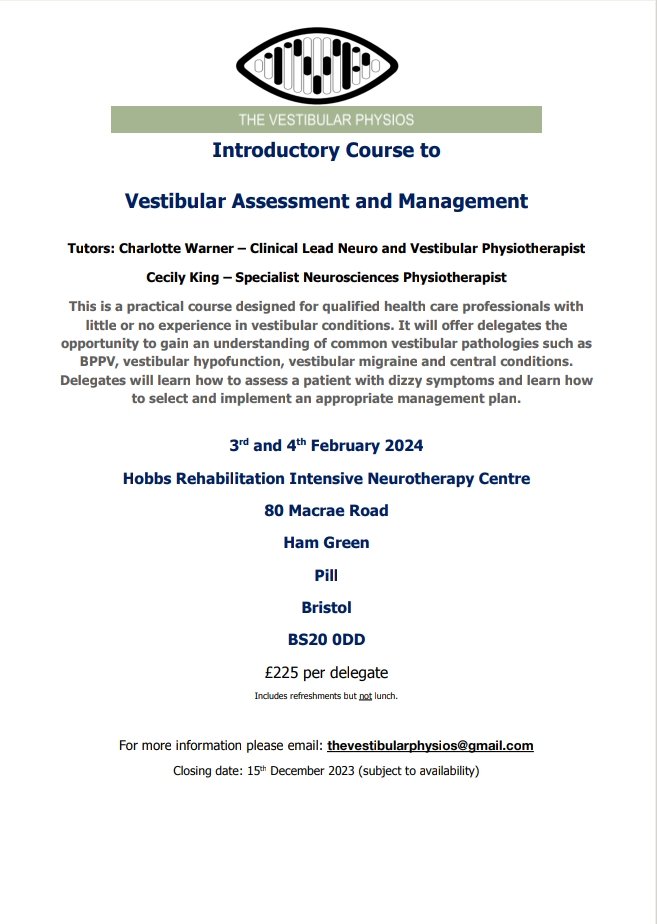 Our introductory course to vestibular assessment and management is back by popular demand in Bristol! Come and join us for a weekend of interactive learning #vestibular #dizziness #BPPV <a href="/thecsp/">Chartered Society of Physiotherapy (CSP)</a> <a href="/ACPIN_UK/">ACPIN</a> <a href="/acpivr/">ACPIVR</a>