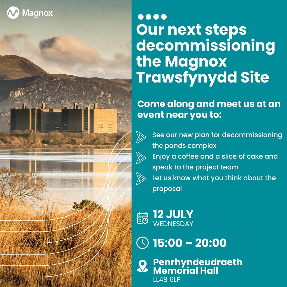 NRServicesUK's tweet photo. Have your say on the future of #Trawsfynydd Site and discuss options for #decommissioning of the former ponds complex.

Our last public drop-in event takes place today at Penrhyndeudraeth Memorial Hall, LL48 6LP, where our team will be to talk about our #decommprogress https://t.co/J3KANxeWep