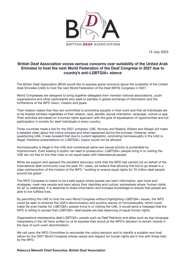Our statement: British Deaf Association voices serious concerns over suitability of the United Arab Emirates to host the next World Federation of the Deaf Congress in 2027 due to country’s anti-LGBTQIA+ stance. BSL: vimeo.com/britishdeafass… #WFD2023 #WFD2027 #Deaf #LGBTQIAplus