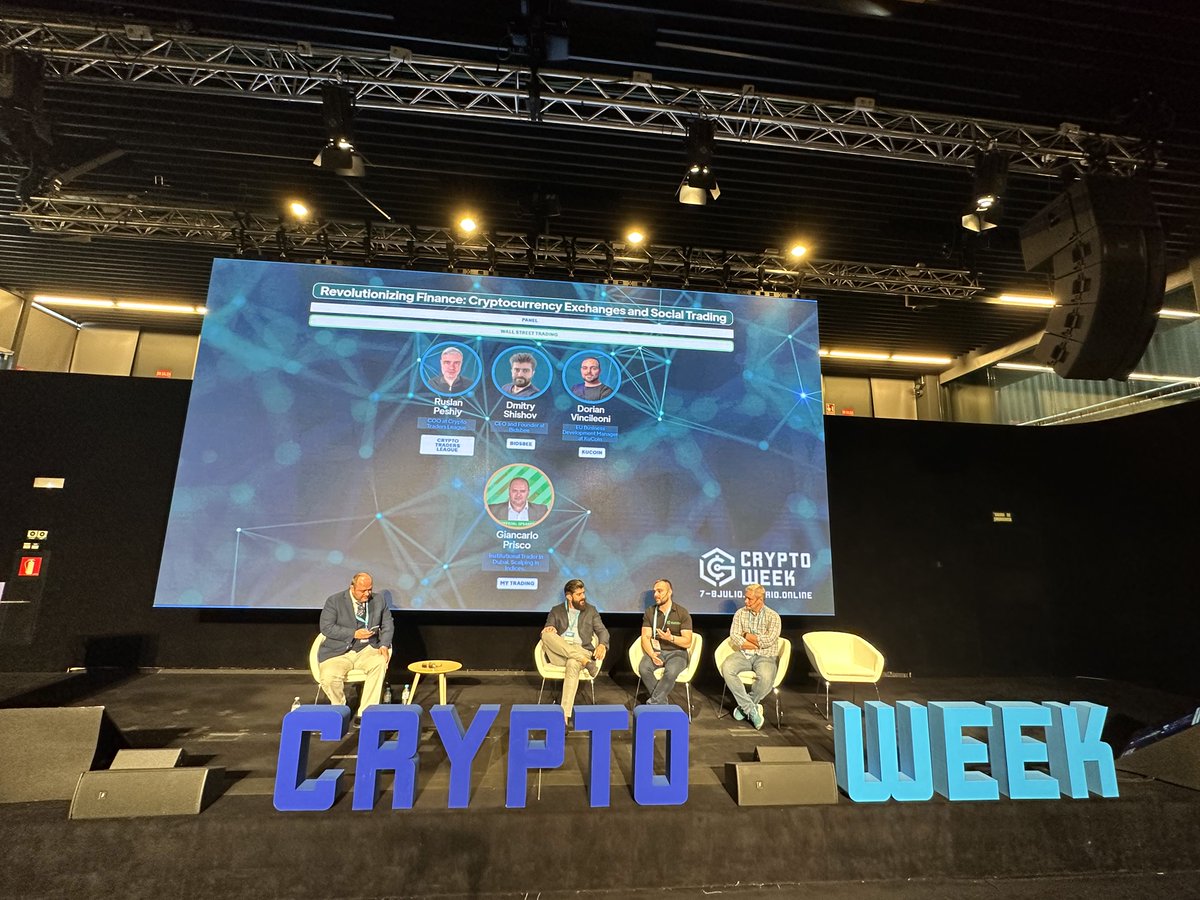 DShyshov's tweet photo. It was a pleasure to give a speech in front of the #CryptoWeekMadrid audience.

Also, discussed #crypto trading &amp; exchanges with @DorianKuCoin, EU Business Development Manager at @kucoincom, and Ruslan Peshiy, COO at @CTradersLeague. https://t.co/Cm67qdiHJg