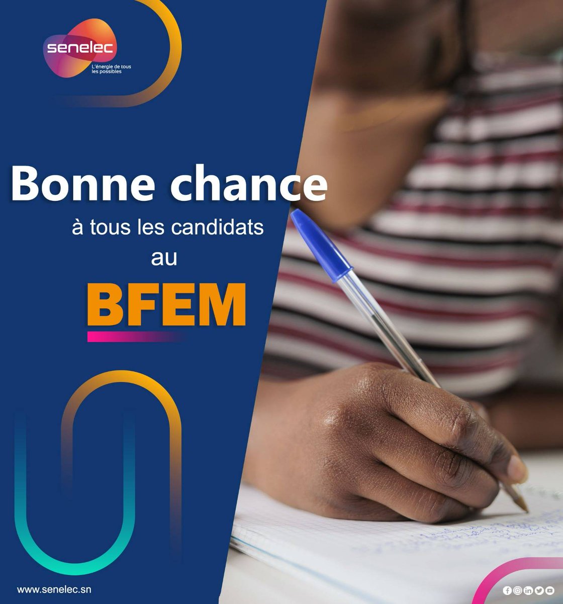 Senelecofficiel's tweet photo. A tous les candidats au BFEM que la chance soit avec vous.
Senelec, l'énergie d'illuminer, d'éduquer et de réussir.
#Senegal #Examen #BFEM #Senelec https://t.co/B8BCb8hnCL