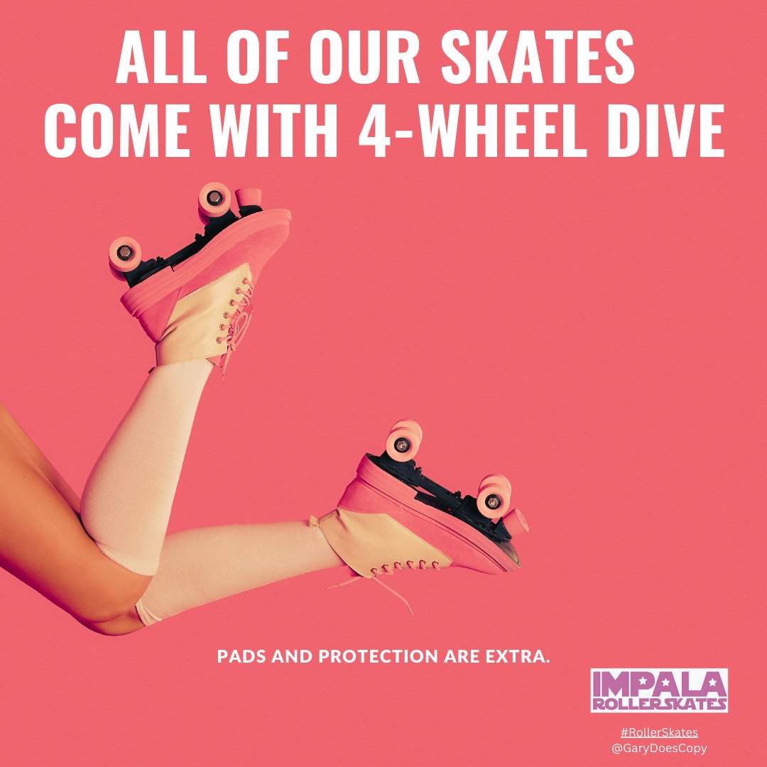 GaryDoesCopy's tweet photo. 4-wheel drive / dive - @OneMinuteBriefs
One Minute Brief of the Day:
Create posters to advertise #RollerSkates 🛼🪩
#impalaskates https://t.co/VoKB39cJcm