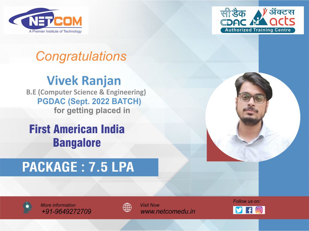 NetcomAtcCdac's tweet photo. A big congratulations to Vivek Ranjan for getting placed in #firstamericanindia Vivek bags a salary of 7.5L per annum.
Yes, we prepare the students for the high competitions prevailing in the corporate world.
#pgdac #netcomjaipur #firstamericanindia #placements #cdacpune #jaipur https://t.co/2ZEupj3K82