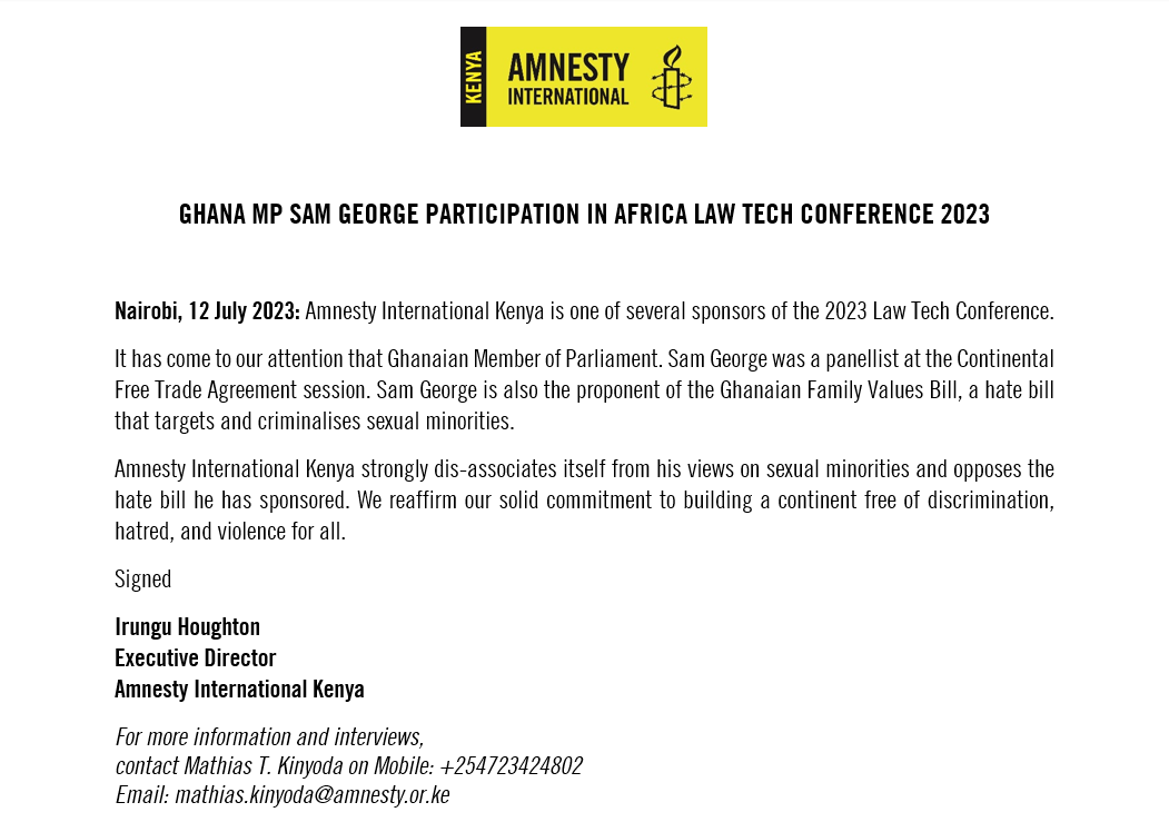 📢 <a href="/AmnestyKenya/">Amnesty Kenya</a> dis-associate from Ghanaian MP, Sam George, a panelist at <a href="/AfricaLawTech/">Africa Law Tech Festival</a> Festival. We condemn his views on sexual minorities and oppose the hate bill he sponsors.  We're committed to a discrimination-free continent! #AfricaLawTech2023 #ALTF2023 #AfricaLawTech
