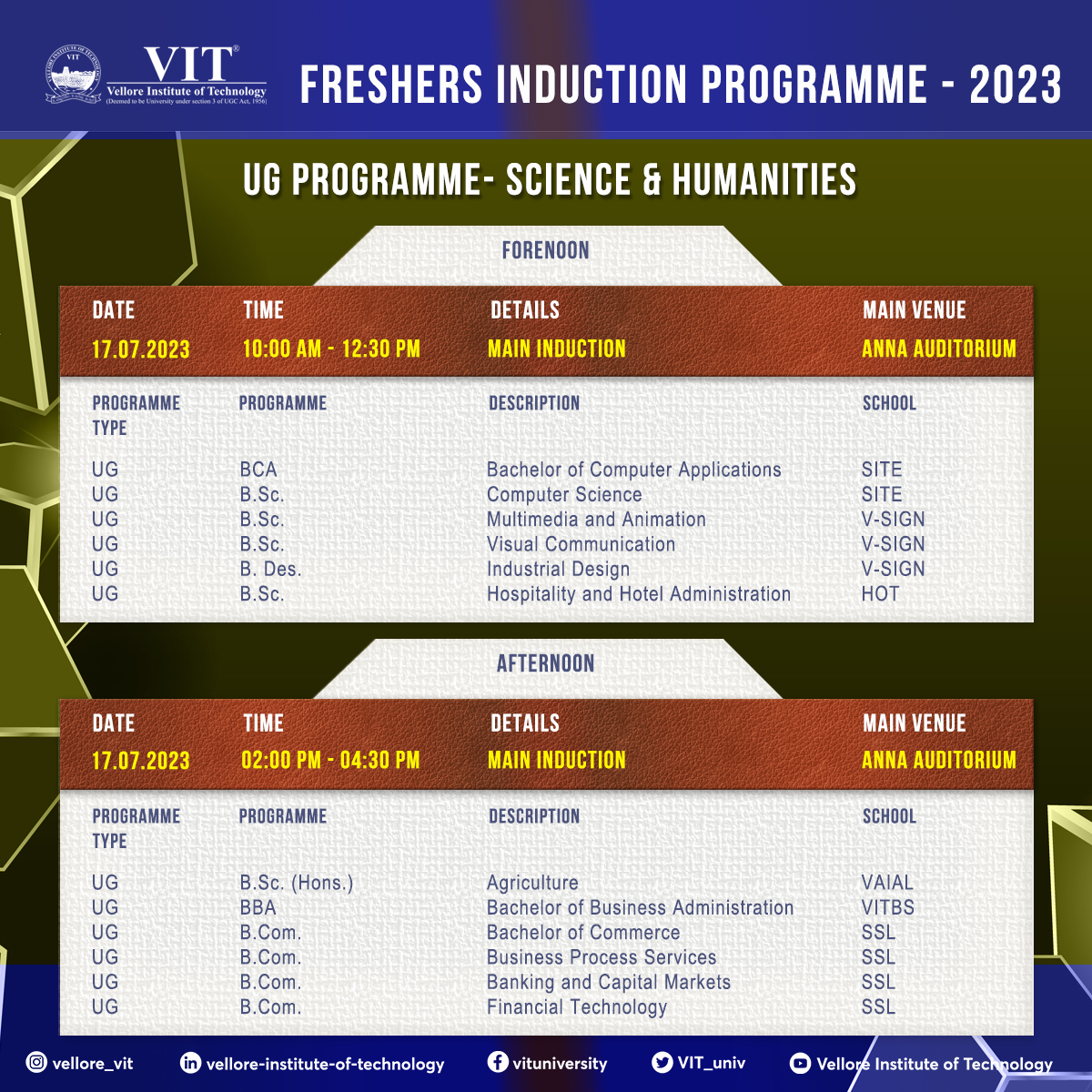 VIT_univ's tweet photo. A brand new beginning of a new chapter in your life!

For our aspirants’ attention! We can't wait to see you on your #InductionProgramme and give you all a warm welcome!

#VIT #WelcomeVIT #Freshman #Batch2023 #Freshers #BSc #BCom #BBA #BDes #BCA #HelloVIT #WelcomeToVIT https://t.co/0aYAUR8sTq