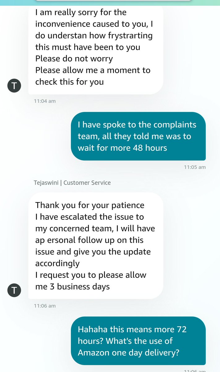 attarwala7's tweet photo. @AmazonHelp This is what your advisor has to say? Wait for more 72 hours for a one day delivery? https://t.co/yhzbitDRoP