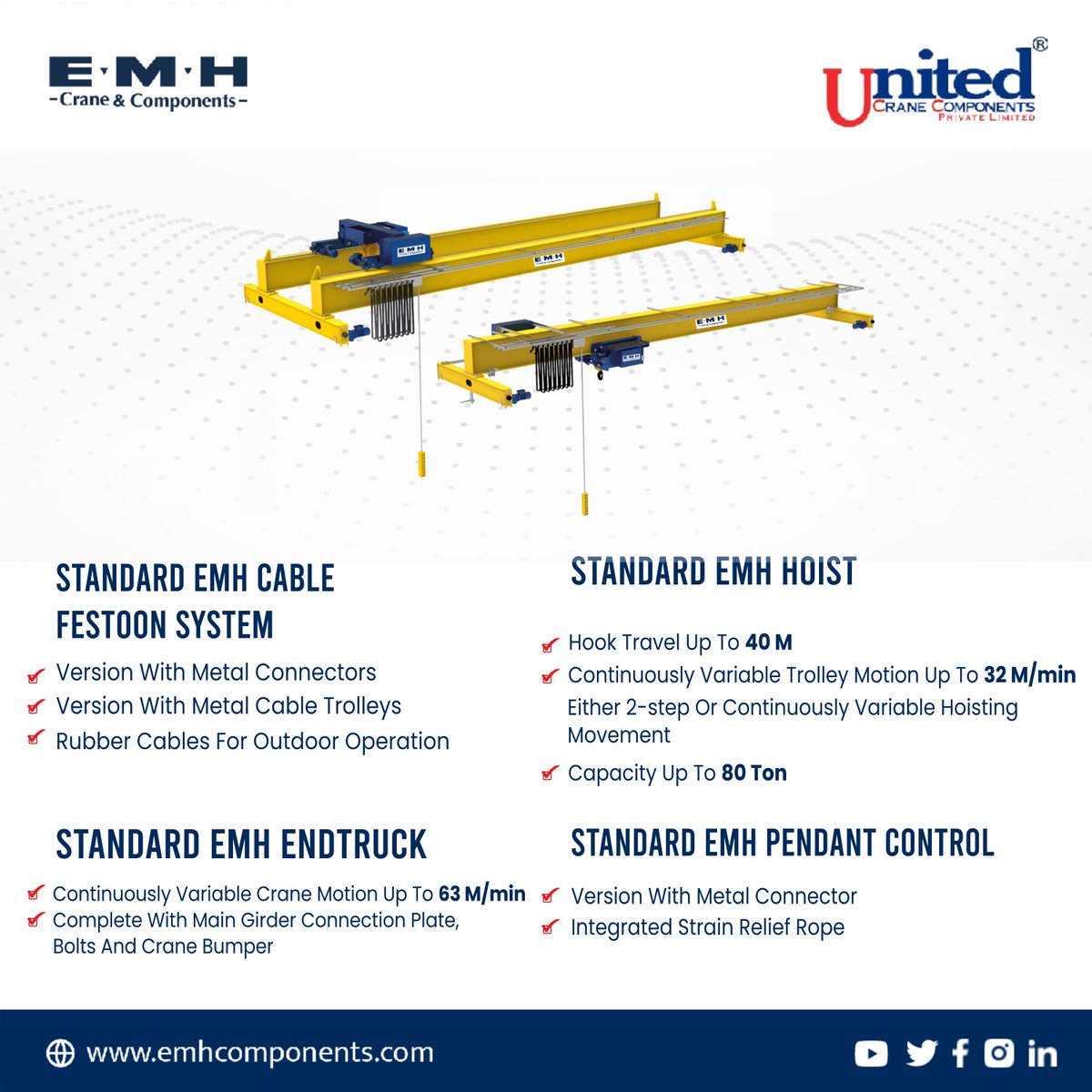EMH_Crane's tweet photo. The Crane Kit Is Available for The Following Crane Types: Standard EMH Cable Festoon System &amp; Standard EMH Hoist.
.
.
 #EMH #cranes #engineering #cranemanufacturing #heavymachinery #cranelife #heavyequipment #industrial #cranesolutions #craneservice #liftingsolutions #eotcrane https://t.co/0iH3NK5RAp