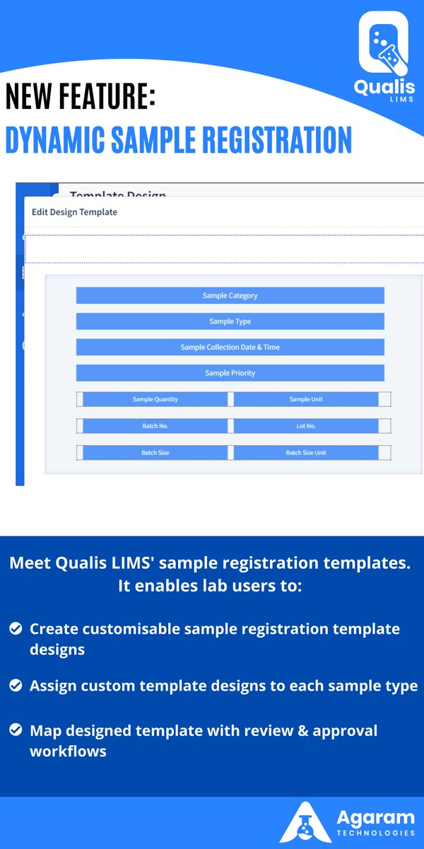 agaramtech's tweet photo. Qualis LIMS launches Dynamic Sample Registration. Create custom templates with ease using drag &amp; drop. Tailor workflows for different samples. Streamline registration like never before! 

Try Qualis LIMS today! Request Demo: https://t.co/ggCmJTIhQx https://t.co/WpjXEXNj2s