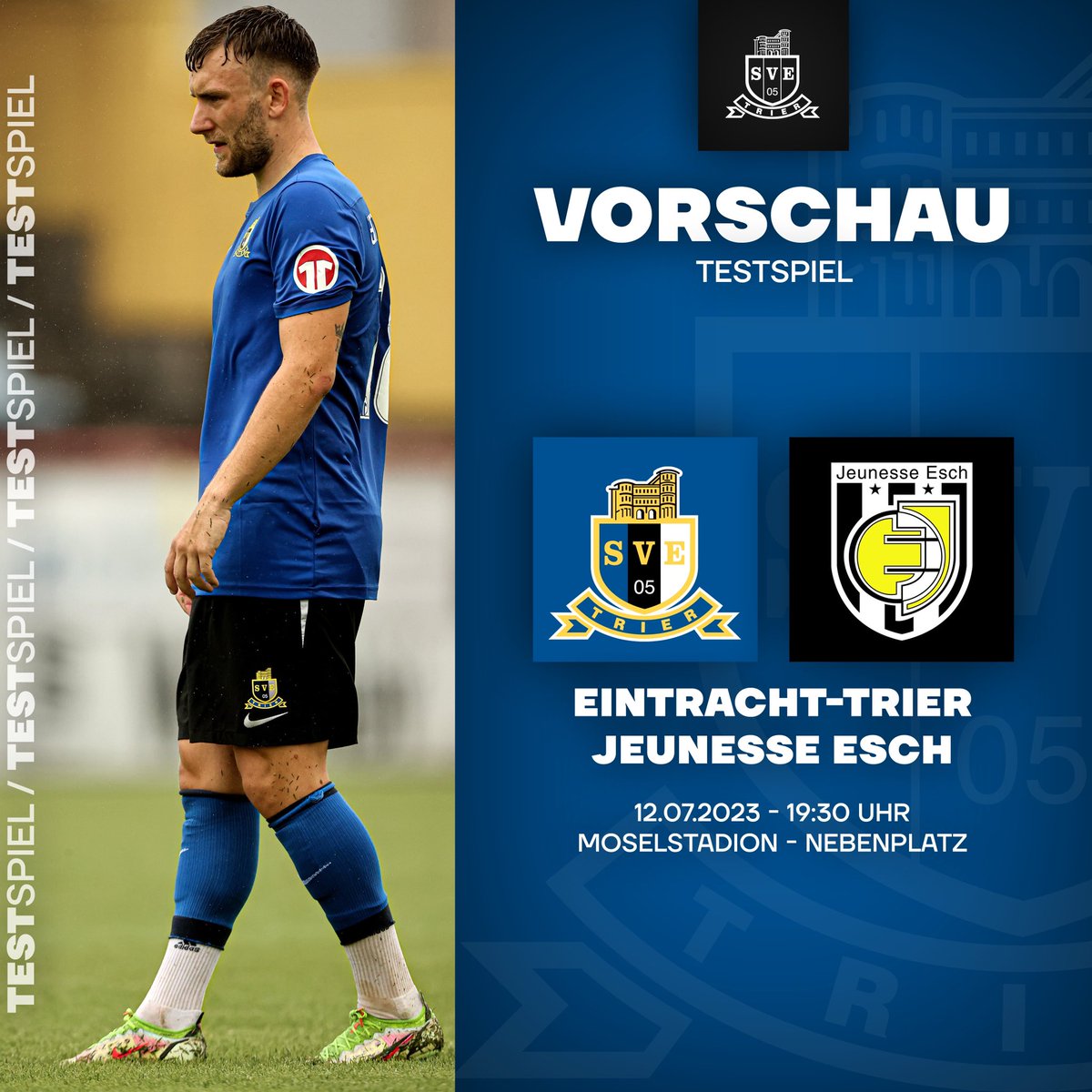 Die Blau-Schwarz-Weißen empfangen um 19:30 Uhr den luxemburger Erstligisten Jeunesse Esch. ⚽️🇪🇪

🗓️ Mi., 12.07.
⏰ 19:30 Uhr
🆚 Jeunesse Esch
🏟️ Moselstadion - Nebenplatz

🔵⚫️⚪️
#eintrachttrier
#portaaufderbrust 
#blauschwarzundweiß 
#mirsenndaobei 

📸: Sebastian Schwarz