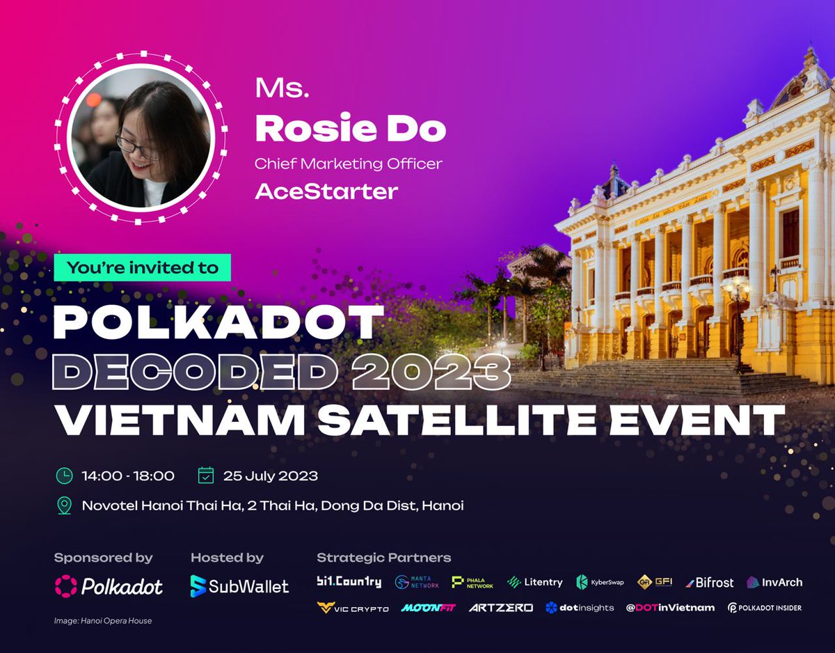 #Polkadot #Decoded2023 #Satellite #Event
📌 Jul 25 in Hanoi
📌 Participants: Builder & Retailer
📌 Discuss everything about Polkadot
Sponsored by Polkadot & hosted by SubWallet 🔥
----------------
AceStarter is pleased to partner with SubWallet and Polkadot in the upcoming event!