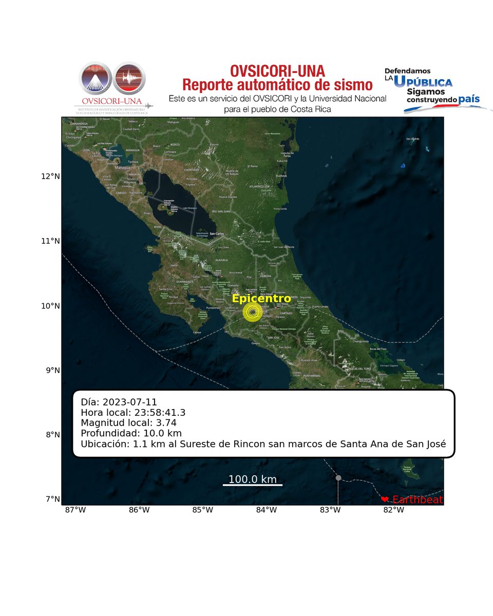 2023-07-11 23:58:41.3, Mag:3.74, Prof: 10.0, Epicentro: 1.1 km al Sureste de Rincon san marcos de Santa Ana de San José. #ovsicori #SomosUNA #SismoCR #Temblor #TemblorCR #Terremoto