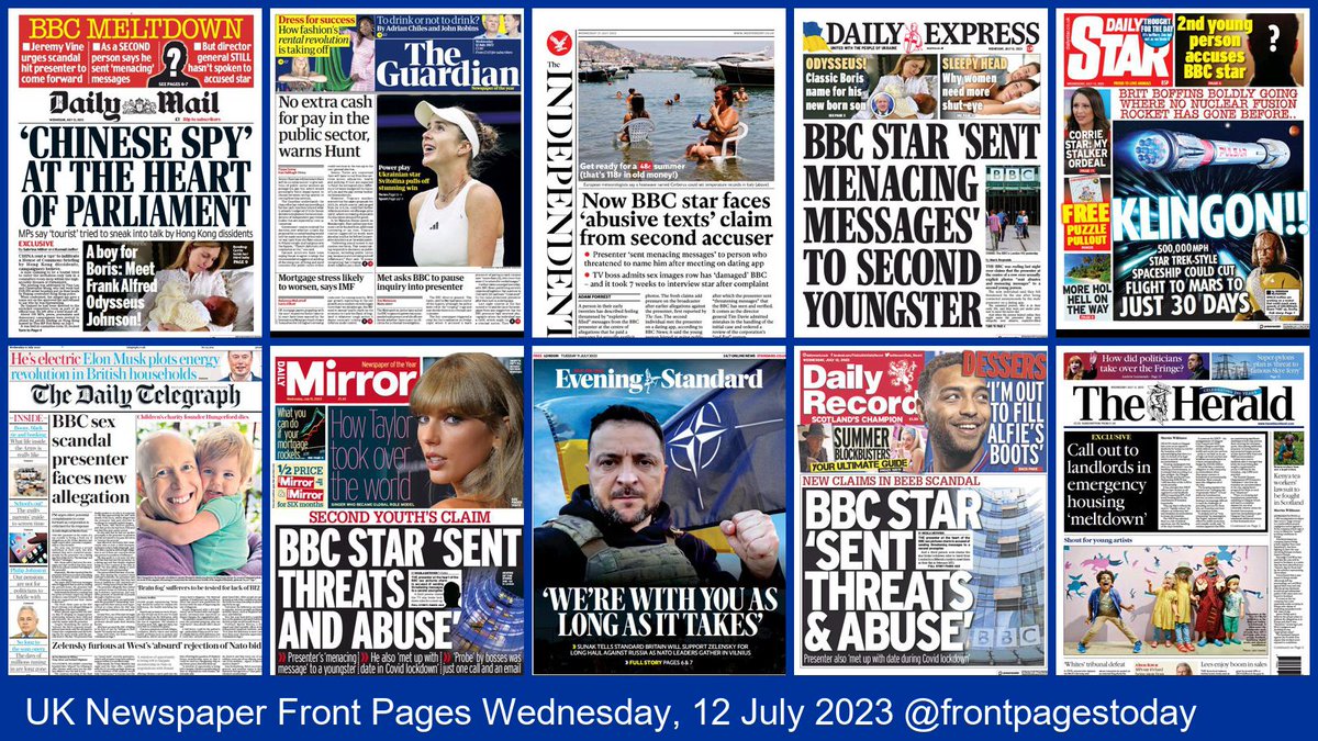 UK Newspaper Front Pages for Wednesday, 12 July 2023. Find more front pages and thousands of newspapers from around the world at thepaperboy.com