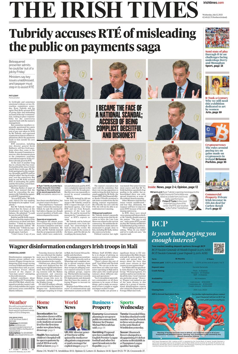 FrontPages1's tweet photo. Wednesday's Irish Times #news #TomorrowsPapersToday #FrontPages #Ireland https://t.co/h2kEQPJ2u1